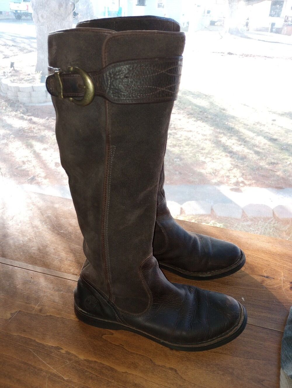 Timberland Suede Boots Chocolate Brown Womens 7.5 Buckle Zipper Knee High